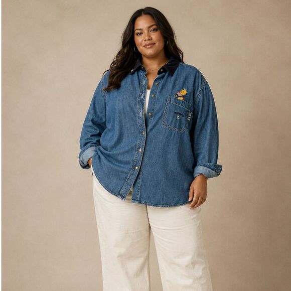 Disney Tops - Disney Vintage Winnie the Pooh Denim and Corduroy Button Up Plus Sie 22/24